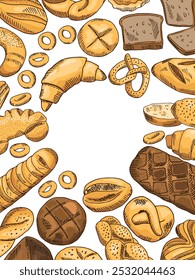 Bakery background. Fresh wheat pastry round frame