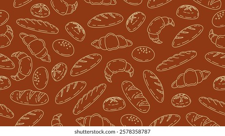 Bakery background. Hand drawn bread seamless pattern motif wallpaper. Bake shop backdrop, packaging, food wrapper
