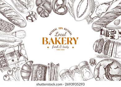 Bakery background with hand drawn bread types