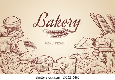 Bakery background. Hand drawn cooking bread bakery bagel breads pastry bake baking culinary vector menu design poster