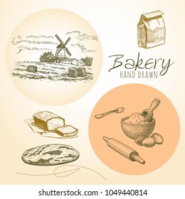 Bakery background. Hand drawn graphic. Bread and pastry collection. Bread house. Vector illustration.