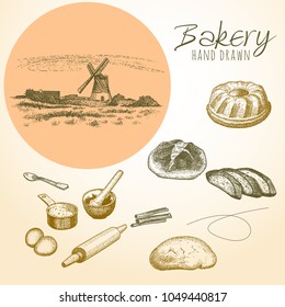 Bakery background. Hand drawn graphic. Bread and pastry collection. Bread house. Vector illustration.