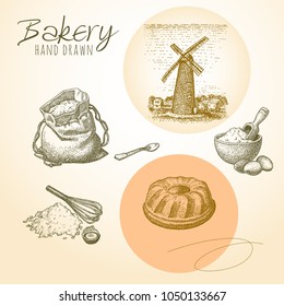 Bakery background. Hand drawn graphic. Bread and pastry collection. Bread house. Vector illustration.