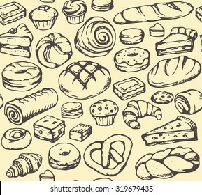 Bakery background illustration. Hand drawn vector seamless pattern