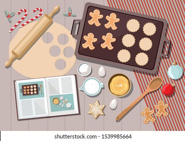 Bakery background with ingredients for cooking christmas baking. Sugar, eggs and spices on kitchen table,top view. Vector Ilustration