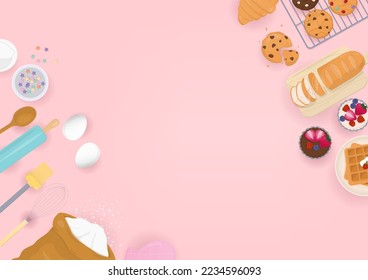 Bakery background. Kitchen utensils, cupcake, bread, cookies, and waffle on pink background.