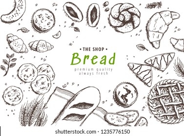 Bakery background. Linear graphic. Bread, croissant and pastry collection. Bread house. Engraved top view illustration. Flat lay. Vector illustration.