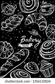 Bakery background. Linear graphic. Bread and pastry collection. Bread house. Great for menu, banner, label, logo, flyer. Vector illustration