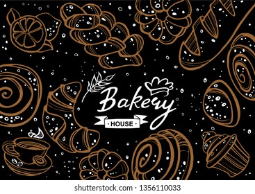 Bakery background. Linear graphic. Bread and pastry collection. Bread house. Great for menu, banner, label, logo, flyer. Vector illustration