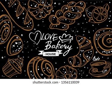Bakery background. Linear graphic. Bread and pastry collection. Bread house. Great for menu, banner, label, logo, flyer. Vector illustration