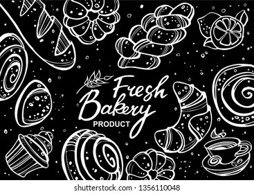 Bakery background. Linear graphic. Bread and pastry collection. Bread house. Great for menu, banner, label, logo, flyer. Vector illustration