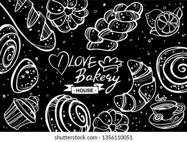 Bakery background. Linear graphic. Bread and pastry collection. Bread house. Great for menu, banner, label, logo, flyer. Vector illustration
