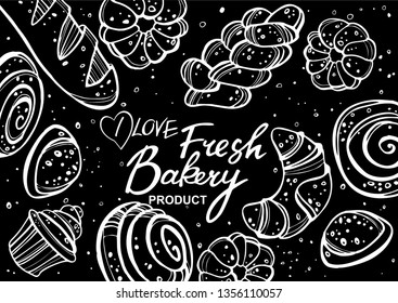 Bakery background. Linear graphic. Bread and pastry collection. Bread house. Great for menu, banner, label, logo, flyer. Vector illustration