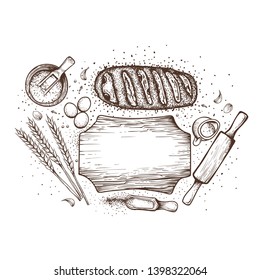 Bakery background. Linear graphic. Bread and pastry collection. Bread house. Vector illustration.