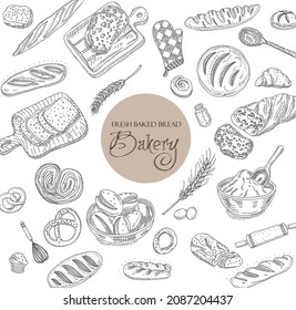 Bakery background. Linear graphic. Bread and cookies collection. Sketchy hand-drawn vector illustration.