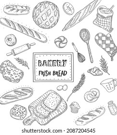Bakery background. Linear graphic. Bread and cookies collection. Sketchy hand-drawn vector illustration.