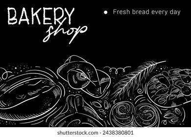 Bakery background. Linear graphic. Bread and pastry collection. Bread house. Vector illustration. For advertising, packaging, banners , web, branding. Black background