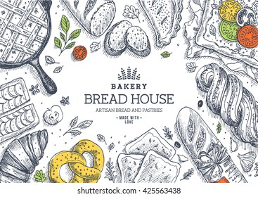Bakery background. Linear graphic. Bread and pastry collection. Bread house. Engraved top view illustration. Flat lay. Vector illustration