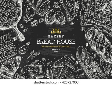 Bakery background. Linear graphic. Bread and pastry collection. Bread house. Engraved top view illustration. Flat lay. Vector illustration