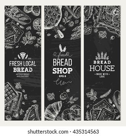 Bakery background. Linear graphic. Bread banner collection. Vertical banner set. Bread and pastry collection. Bread house. Engraved top view illustration. Flat lay. Vector illustration