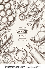 Bakery background. Linear graphic. Bread and pastry collection. Bread house. Engraved top view illustration. Vector illustration.