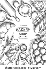 Bakery background. Linear graphic. Bread and pastry collection. Bread house. Engraved top view illustration. Vector illustration.