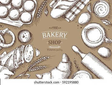 Bakery background. Linear graphic. Bread and pastry collection. Bread house. Engraved top view illustration. Vector illustration.