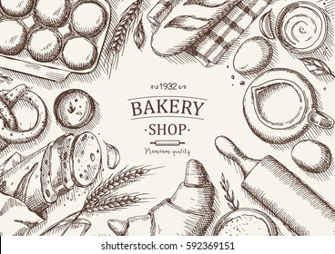 Bakery background. Linear graphic. Bread and pastry collection. Bread house. Engraved top view illustration. Vector illustration.