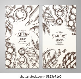 Bakery background. Linear graphic. Bread and pastry collection. Bread house. Engraved top view illustration. Vector illustration.