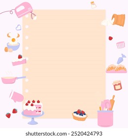Bakery background. Note paper with baking utensils, cake, croissant, and bakery ingredients.
