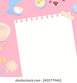 Bakery background. Note paper, electric mixer, and bakery ingredient with space for copy text on pink background.