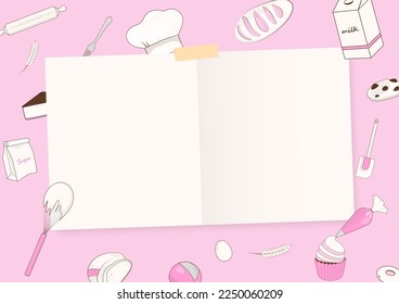 Bakery background. Note paper, bakery, and kitchen utensils on pink background. Hand drawn style.
