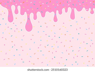 Bakery background. Paper pink liquid and colorful sugar sprinkles on a light pink background. 