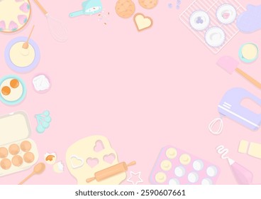 Bakery background. Pastel baking utensils and ingredients with bakery baked goods on a light pink background.