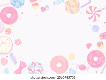 Bakery background. Pastel candy and doughnut frame on a white background. Flat lay style.