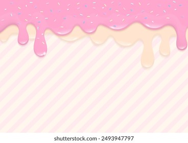 Bakery background. Pink and cream liquid drop on a striped background with multicolor sugar sprinkles.