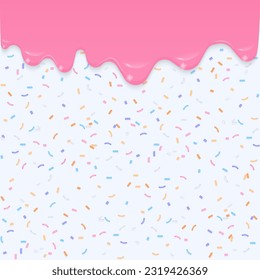 Bakery background. Pink dripping liquid with a colorful sprinkles pattern on a white background and space for copy text. 