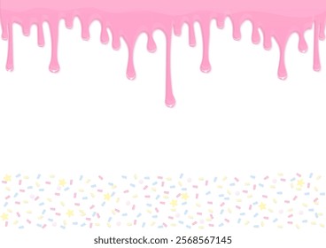 Bakery background. Pink icing dripping on a white background with pastel sugar sprinkles.