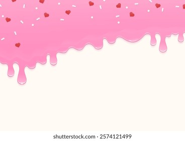 Bakery background. Pink liquid with heart sugar sprinkles melting on a white background. 