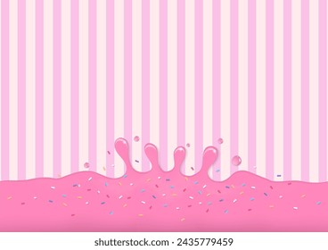 Bakery background. Pink liquid with multicolor sugar sprinkles on a striped background.