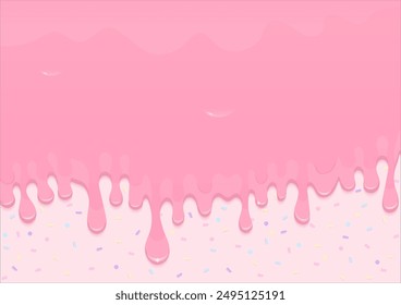 Bakery background. Pink liquid or strawberry sauce melting on a light pink background with colored sugar sprinkles.