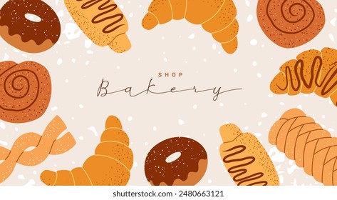 Bakery background with bakery products. Vintage textured poster for bakery shop. Croissant, bun, donut, pastry. Vector design template for ads, banner, cover, label.