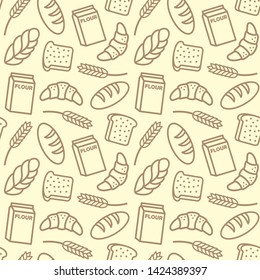 Bakery background seamless pattern outline illustration. Set of food icons flat design