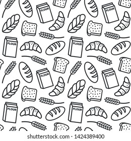 Bakery background seamless pattern outline illustration. Set of food icons flat design