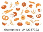 Bakery background. Seamless pattern with bakery products and pastries. Fresh and natural bread, rolls, baguettes, donuts, bagels and croissants. Bakery and shop banner background template. Isolated