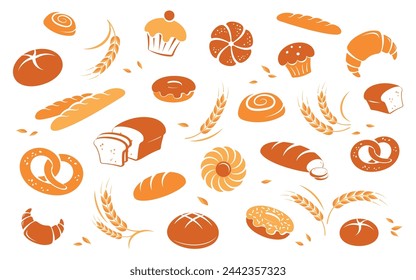 Bakery background. Seamless pattern with bakery products and pastries. Fresh and natural bread, rolls, baguettes, donuts, bagels and croissants. Bakery and shop banner background template. Isolated