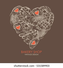 Bakery background in the shape of a heart. Hand drawn 
