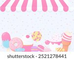 Bakery background. Bakery shop with candy, ice cream, doughnut, cupcake, and macaron on sugar sprinkles pattern.