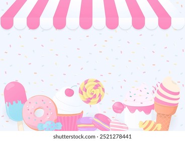 Bakery background. Bakery shop with candy, ice cream, doughnut, cupcake, and macaron on sugar sprinkles pattern.