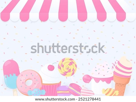 Bakery background. Bakery shop with candy, ice cream, doughnut, cupcake, and macaron on sugar sprinkles pattern.